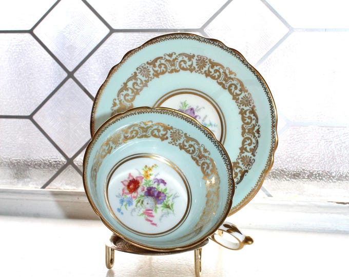 Vintage Paragon Bone China Tea Cup and Saucer Pastel Blue with Bouquet & Gold