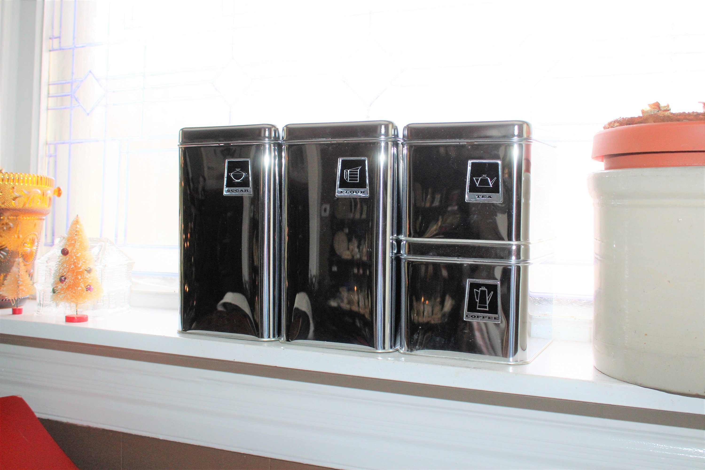 Mid Century Chrome Kitchen Canister Set New Unused 1950s Pantry Queen