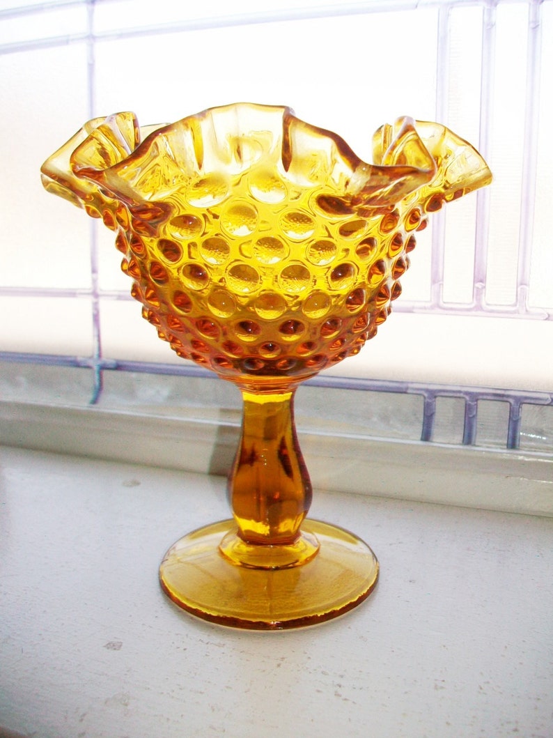 Vintage Fenton Amber Glass Hobnail Pedestal Dish Compote With Etsy