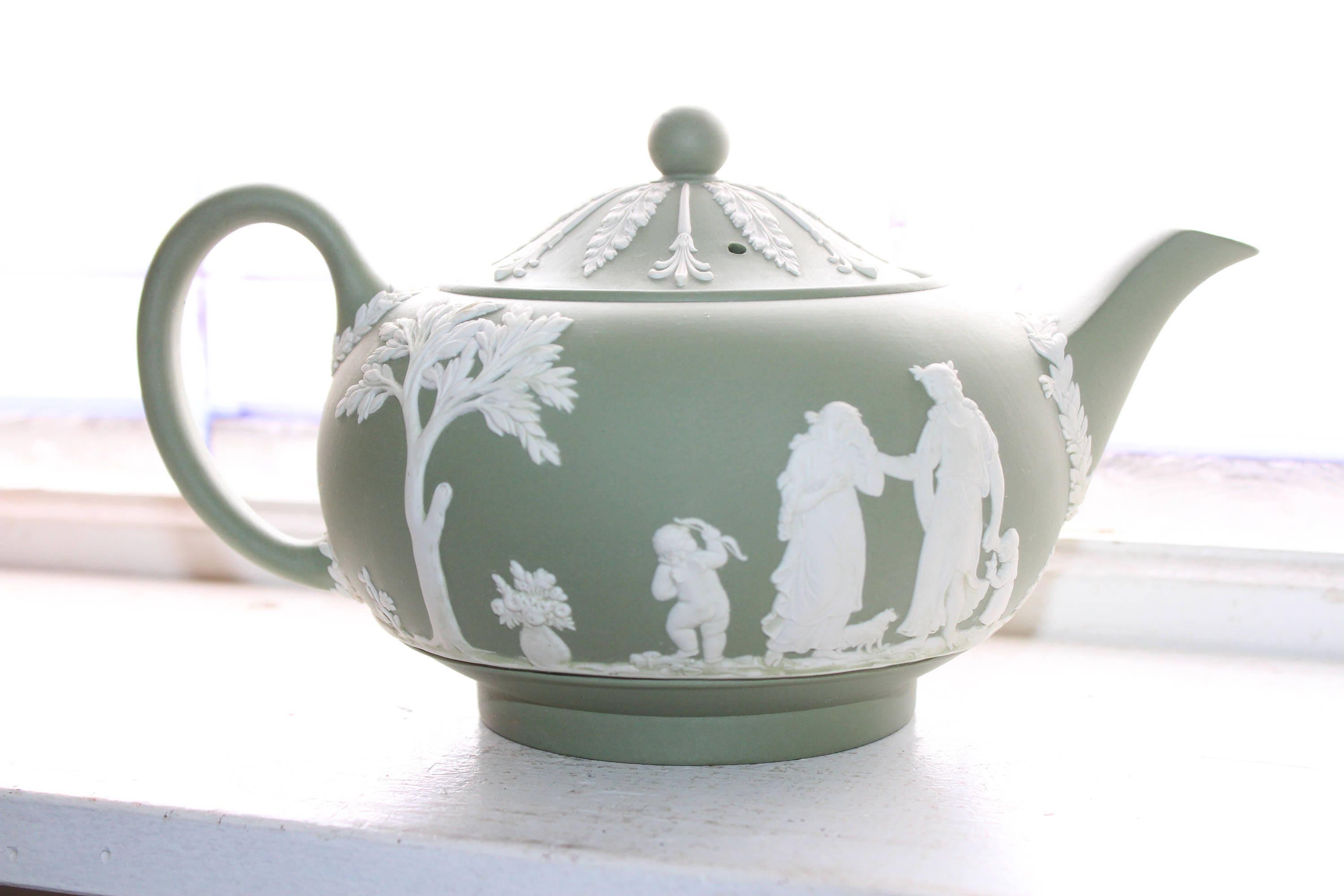 Vintage Wedgwood Teapot Green Celadon Jasperware 1960s