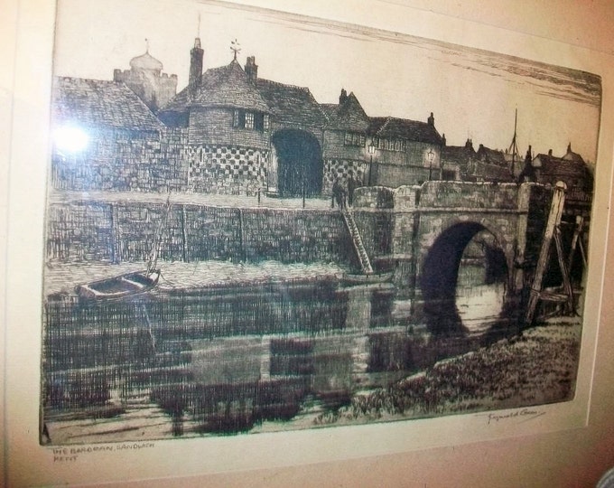 Vintage Etching Reginald Green 1960s Barbican Gate Sandwich Kent Artist Signed