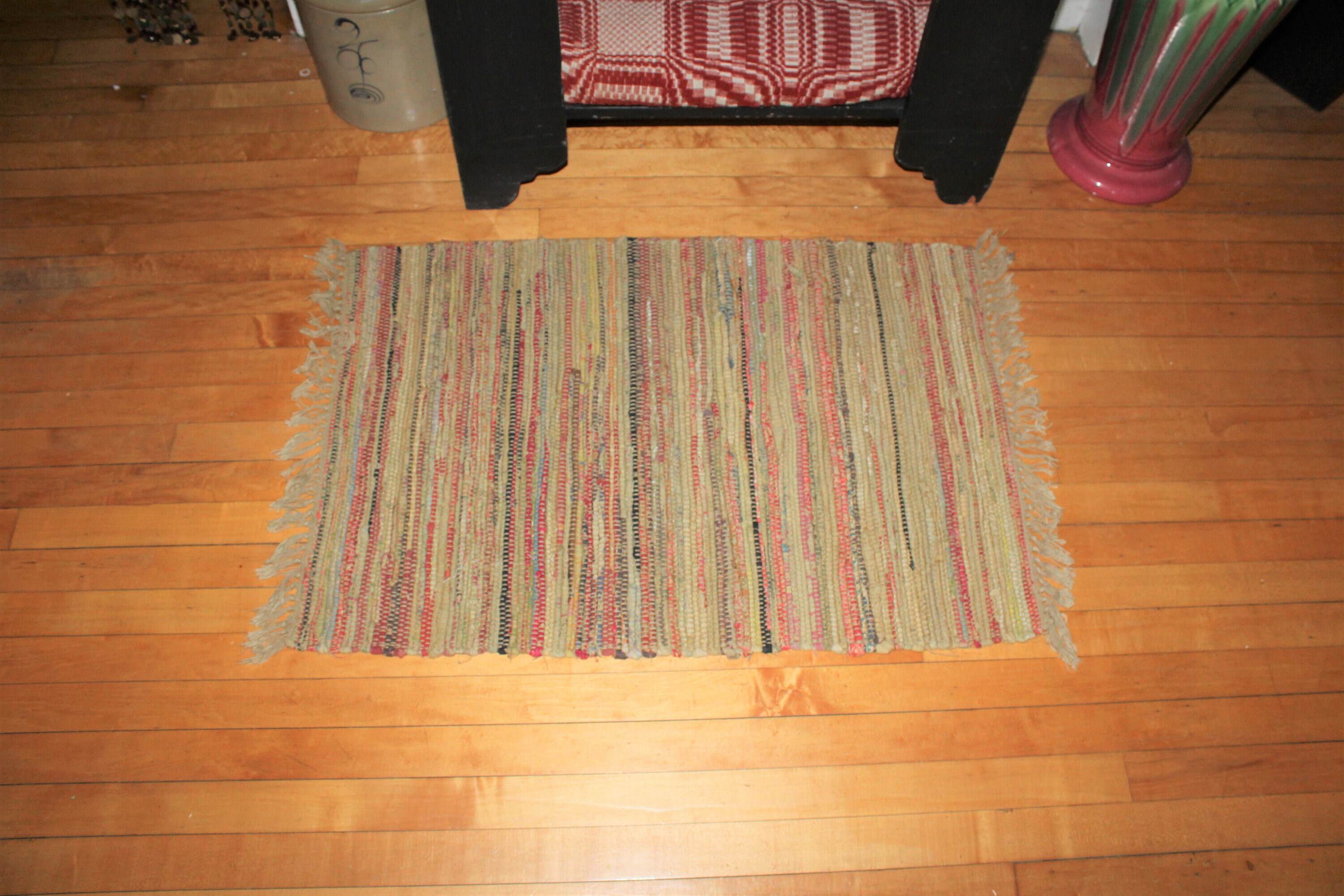 Vintage Country Rag Rug Hand Loomed Mustard Yellow 39 x 23