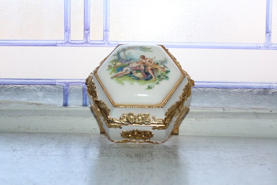 Vintage Porcelain and Metal Jewelry Box with Love… - image 4