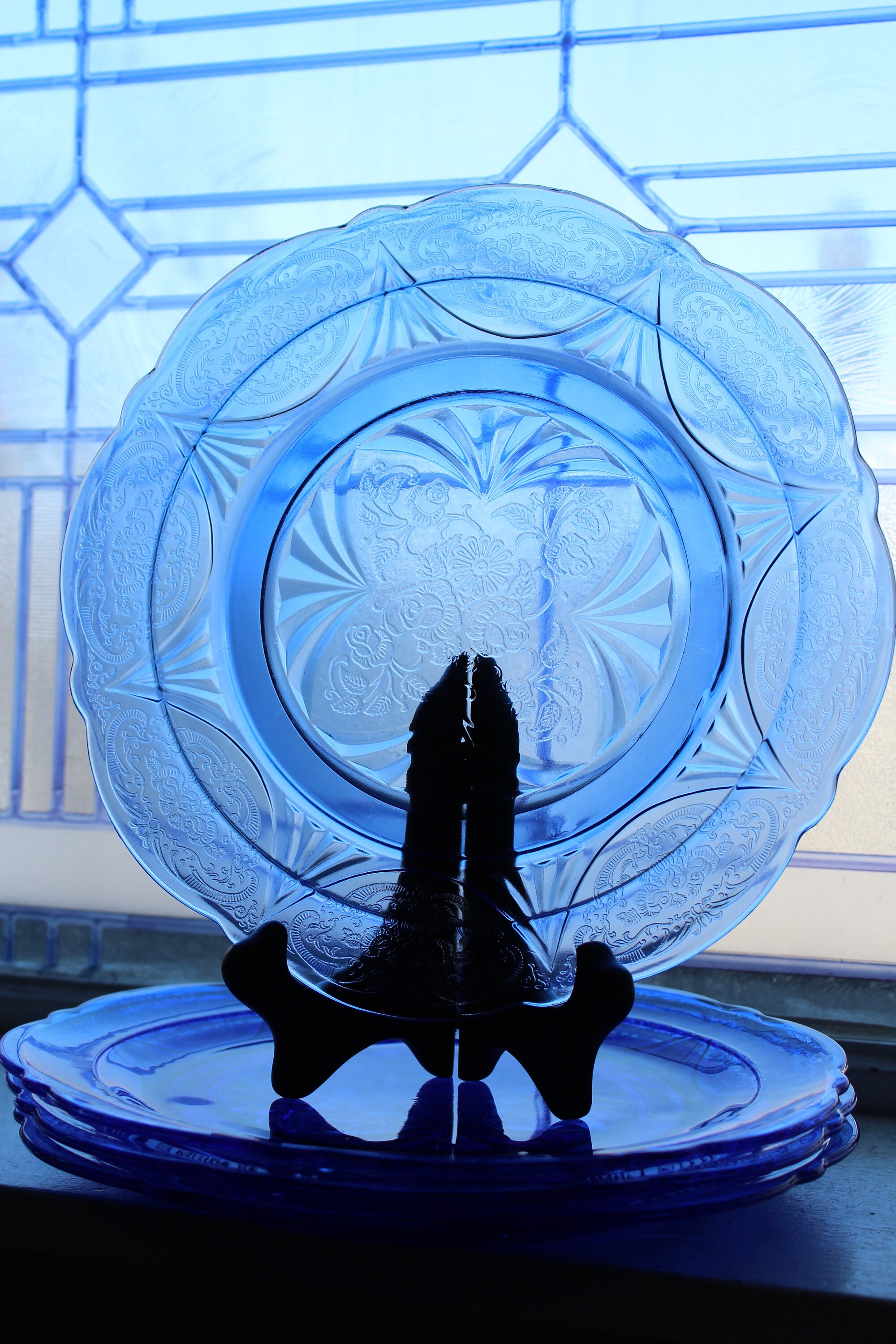 Download 3 Cobalt Blue Depression Glass Dinner Plates Royal Lace Vintage 1930s