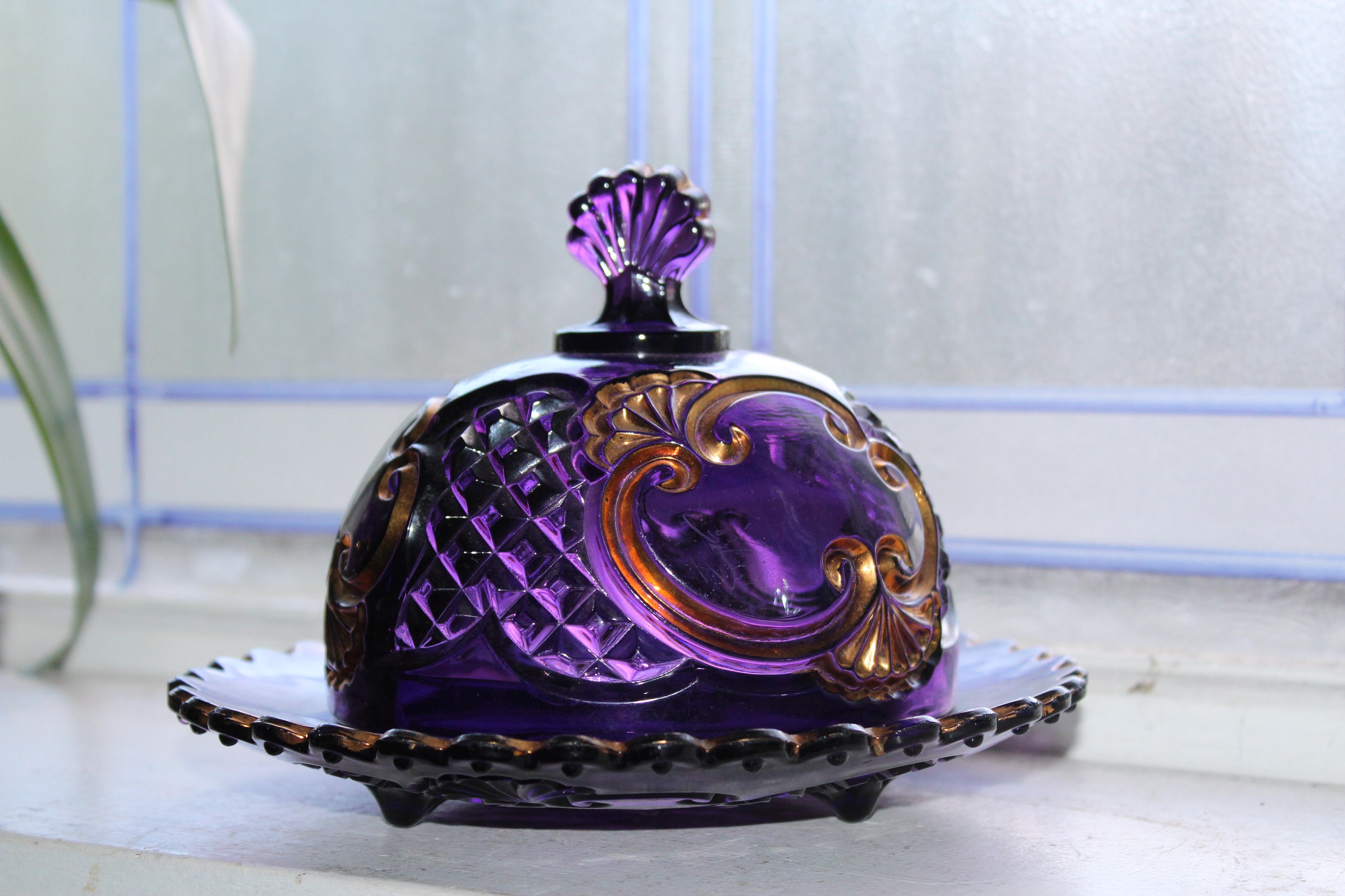 EAPG Domed Amethyst Purple Glass Butter Dish Antique 1800s Croesus