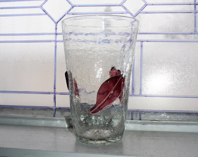 Vintage Blenko Crackle Glass Large Vase with Applied Purple Leaves