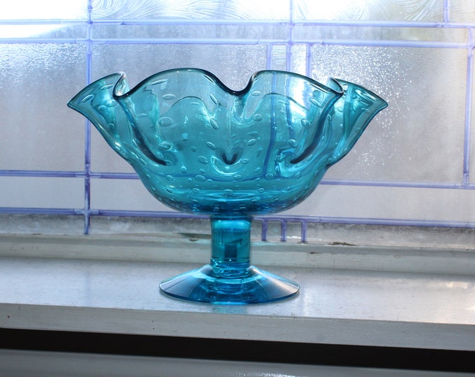 Mid Century Bischoff Glass Ruffled Blue Compote with Controlled Bubbles