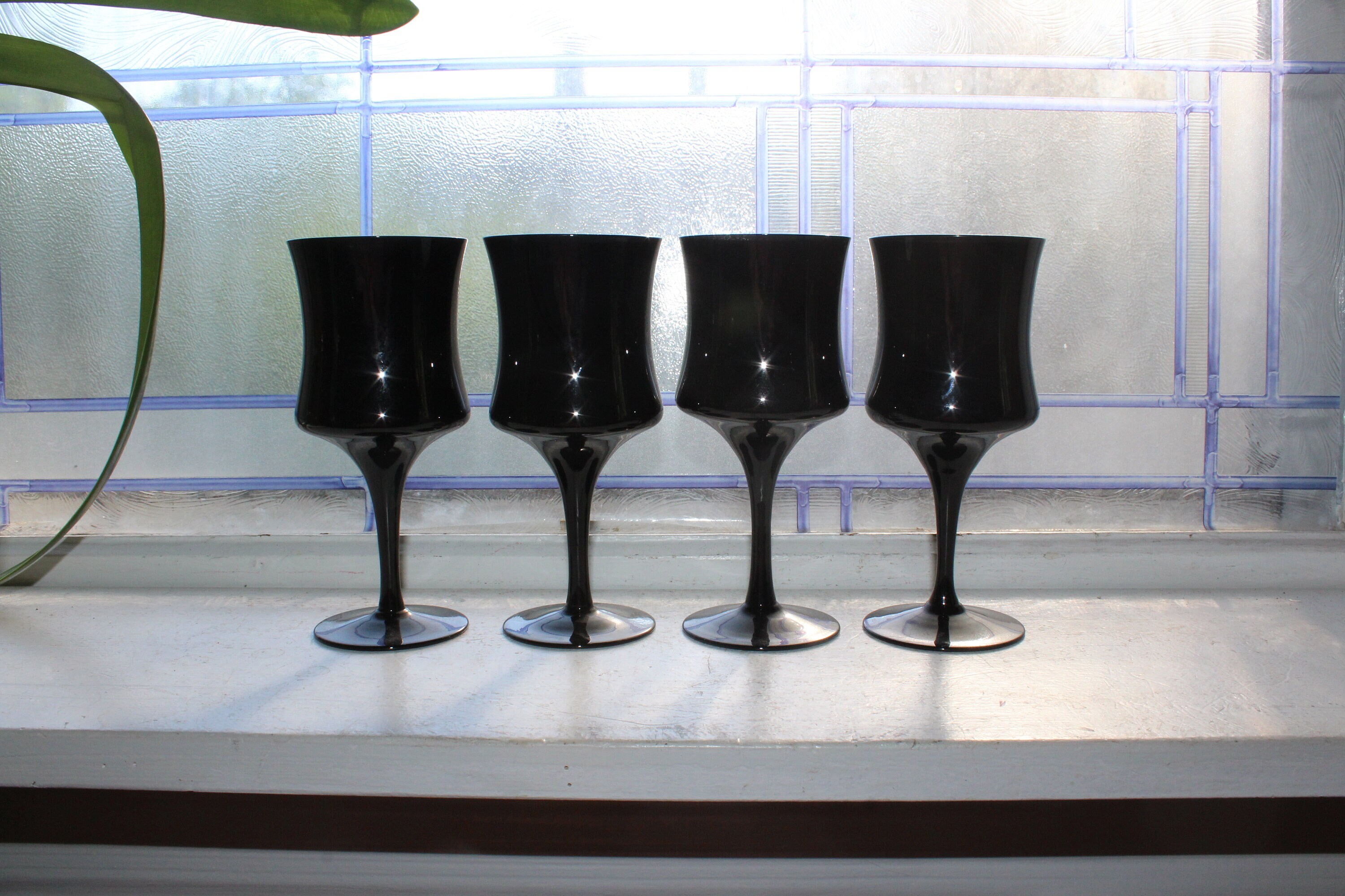 4 Vintage Mid Century Black Wine Glasses Ebony by American Manor