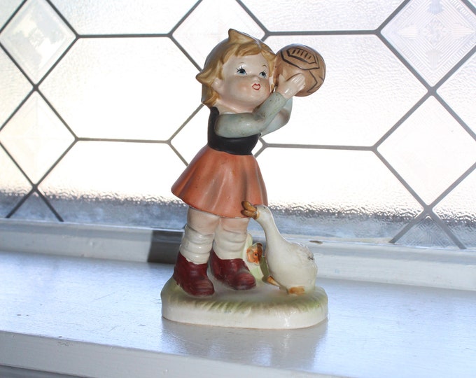 Vintage Bisque Porcelain Figurine Girl with Basketball and Goose