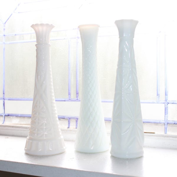 3 Vintage Milk Glass Bud Vases Retro Wedding Decor