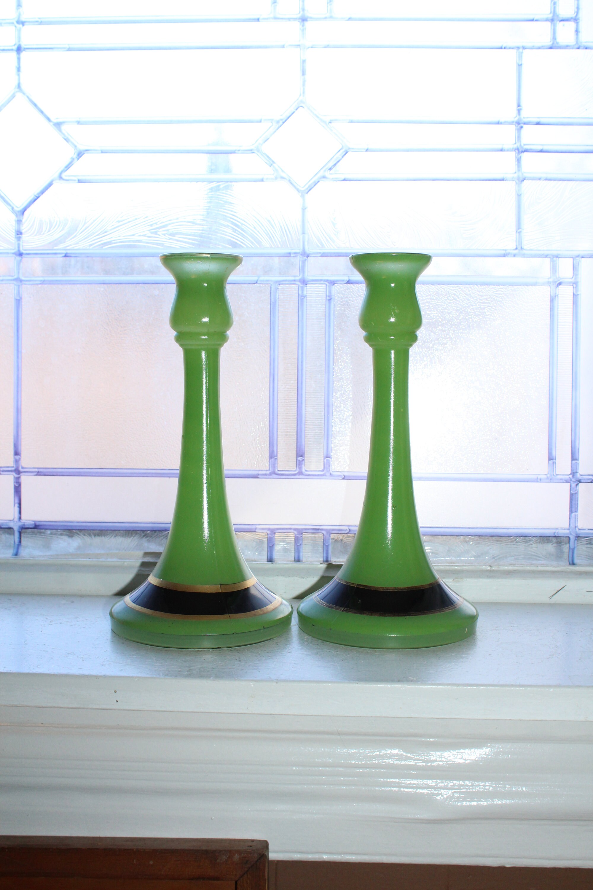 Art Deco Glass Candlesticks Pair Green and Black Vintage 1920s