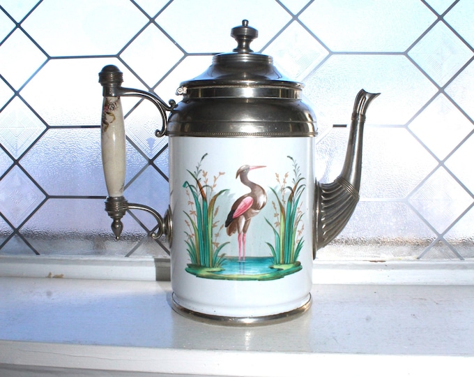 Antique Enamelware & Silverplate Coffee Pot with Heron Bird Manning Bowman