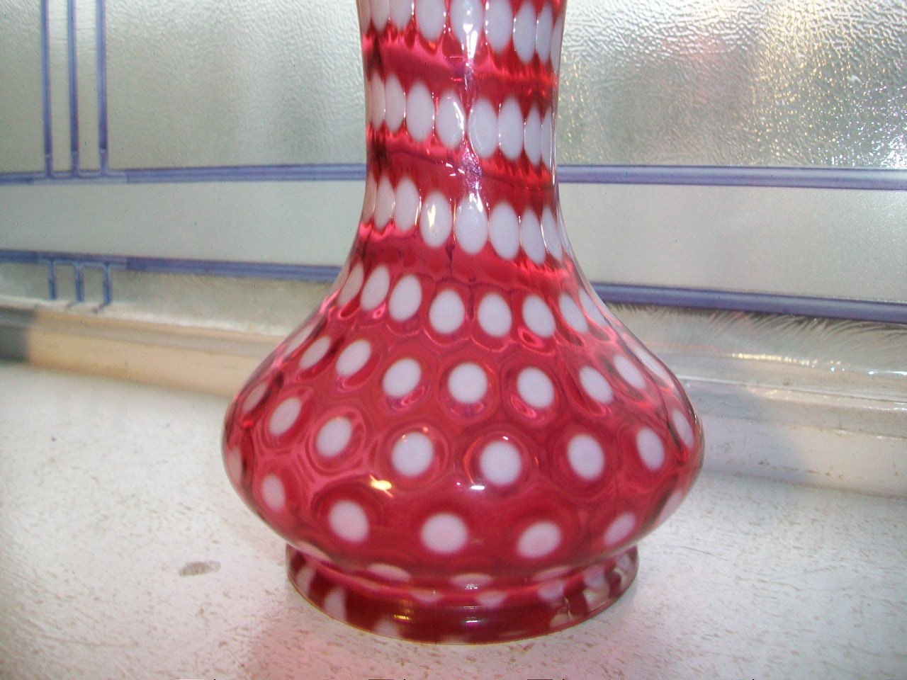 Fenton Cranberry Polka Dot Opalescent Glass Vase Vintage 1950s 8 Inch