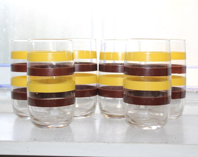 6 Vintage Brown and Yellow Striped Glass Tumblers 1970s
