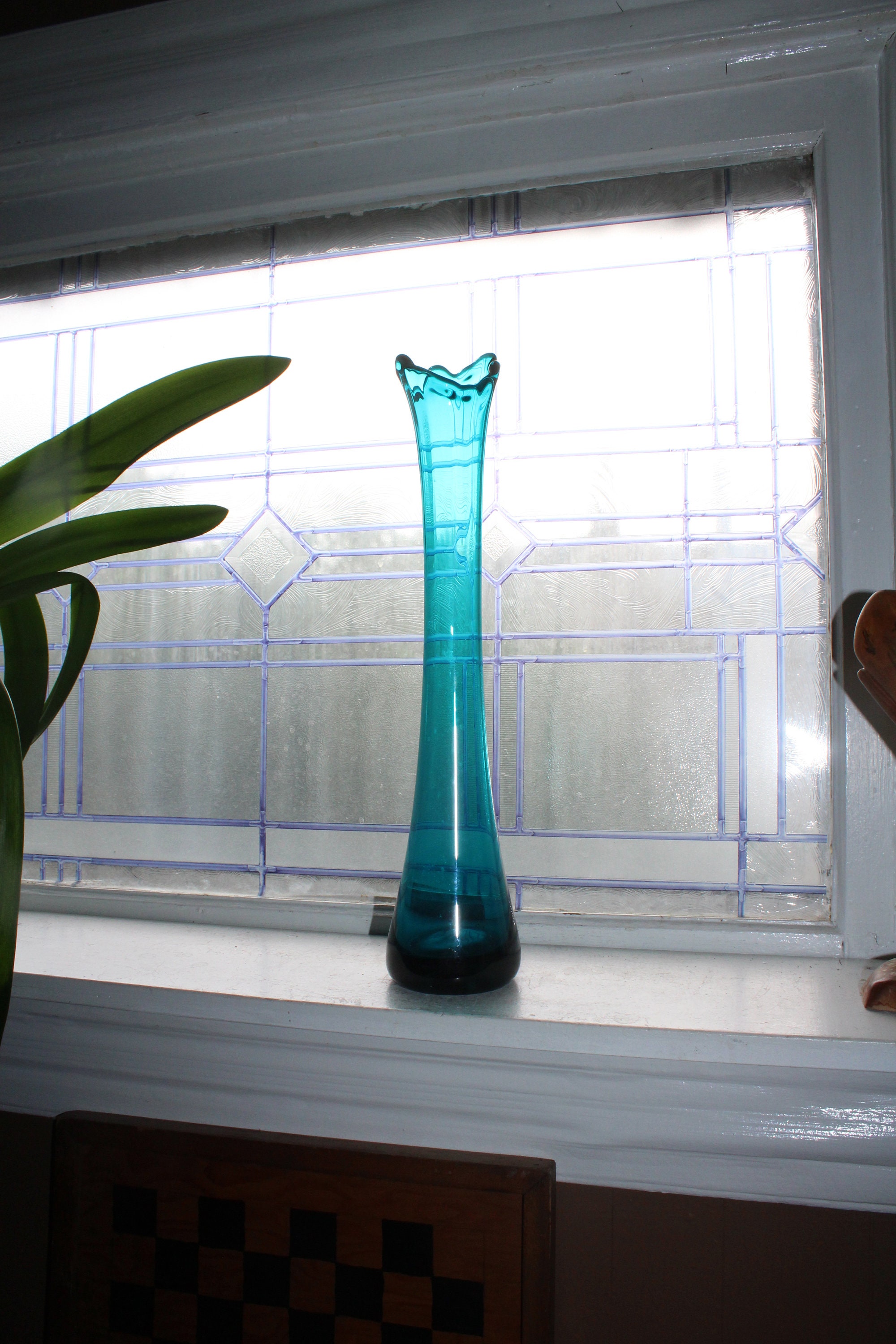 Large Teal Blue Swung Glass Vase 17 Vintage 1960s