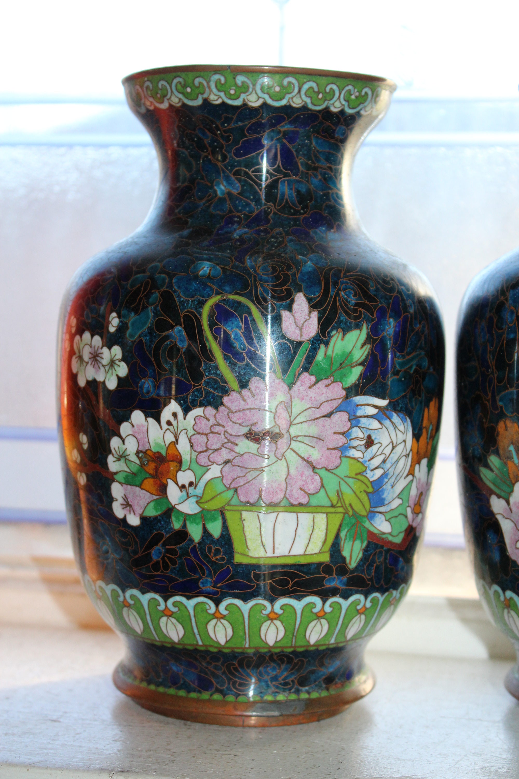 Pair of Large Cloisonné Vases Antique Blue Urns
