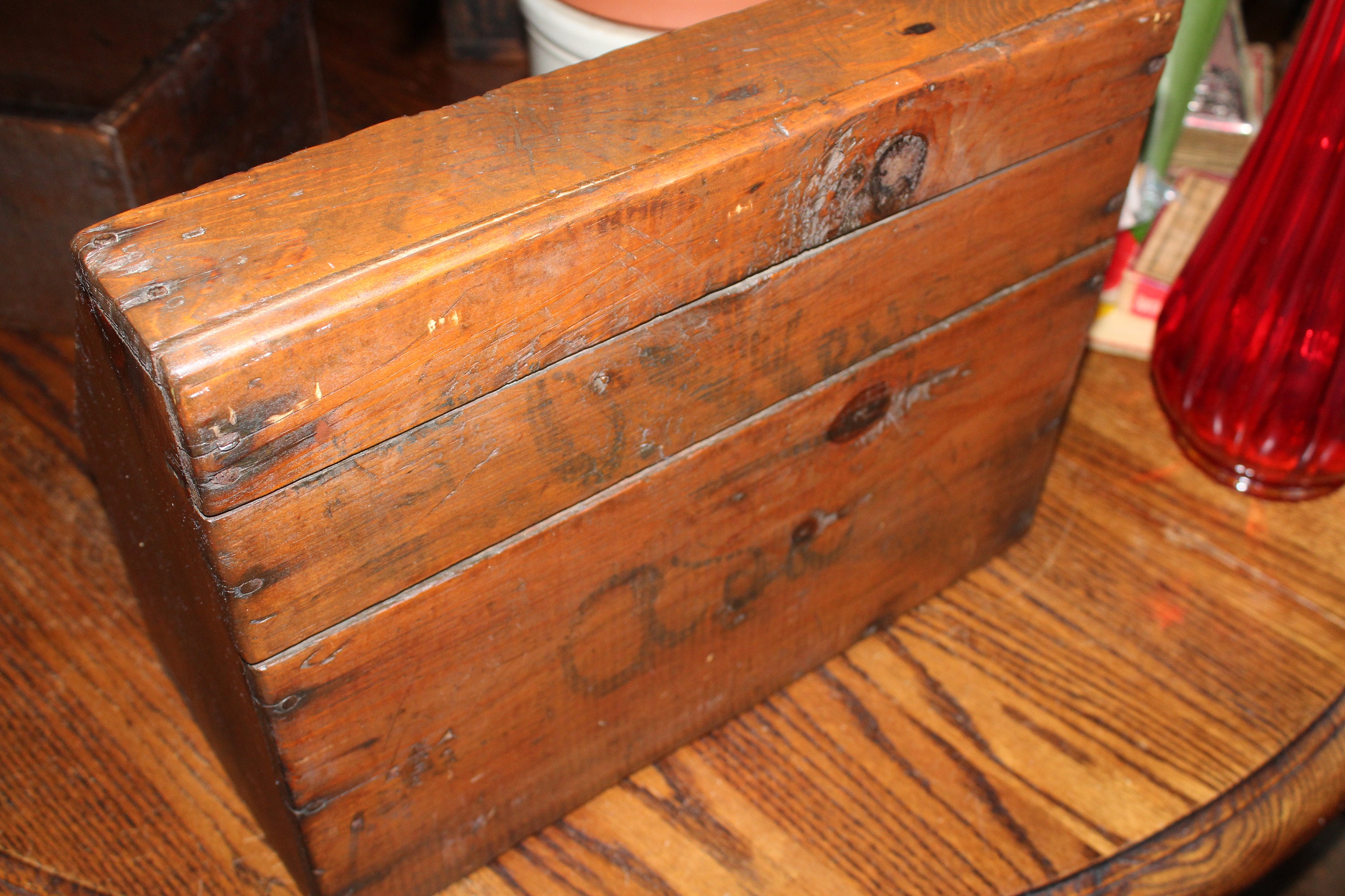 Antique Wood Box with Top Shelf Primitive Farmhouse Decor