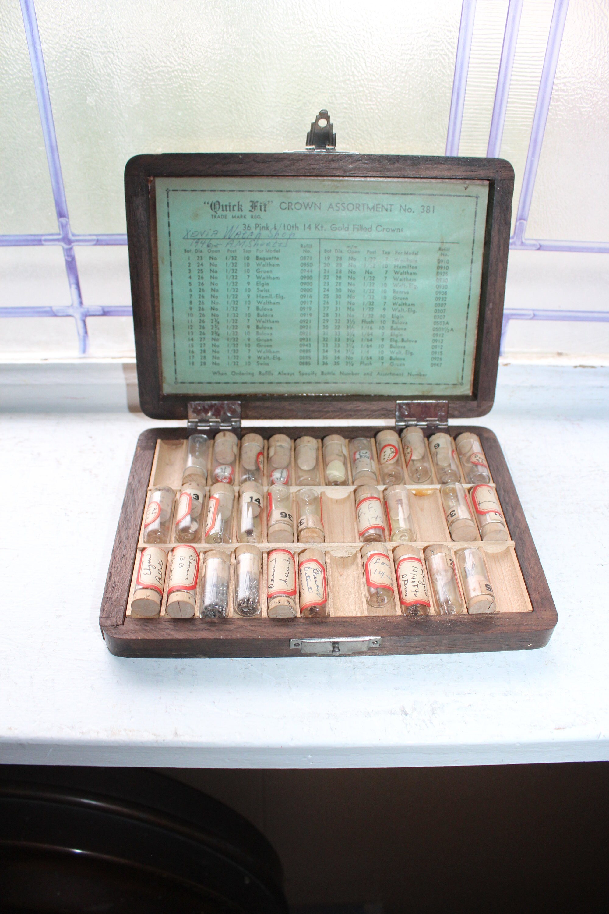 Vintage Wood Case of Watch Parts in Glass Vials