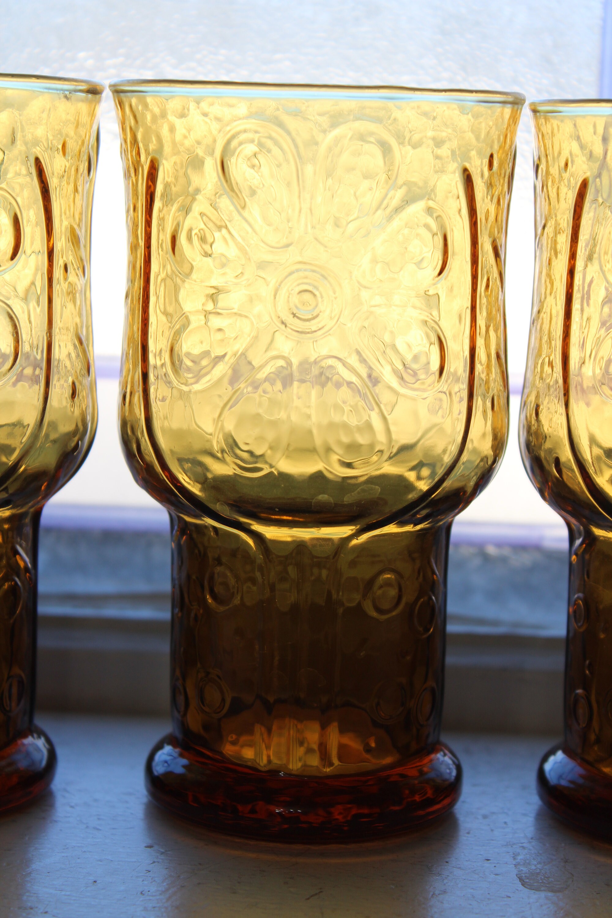 4 Vintage Amber Glass Tumblers Libbey Country Garden Flower