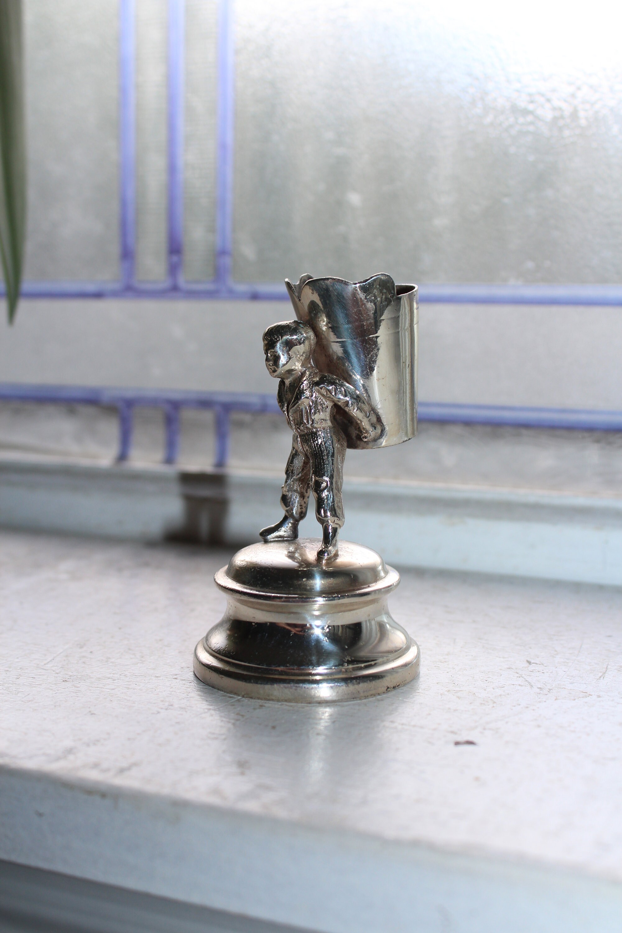 Antique Silverplate Toothpick Holder Figural Boy Holding Basket