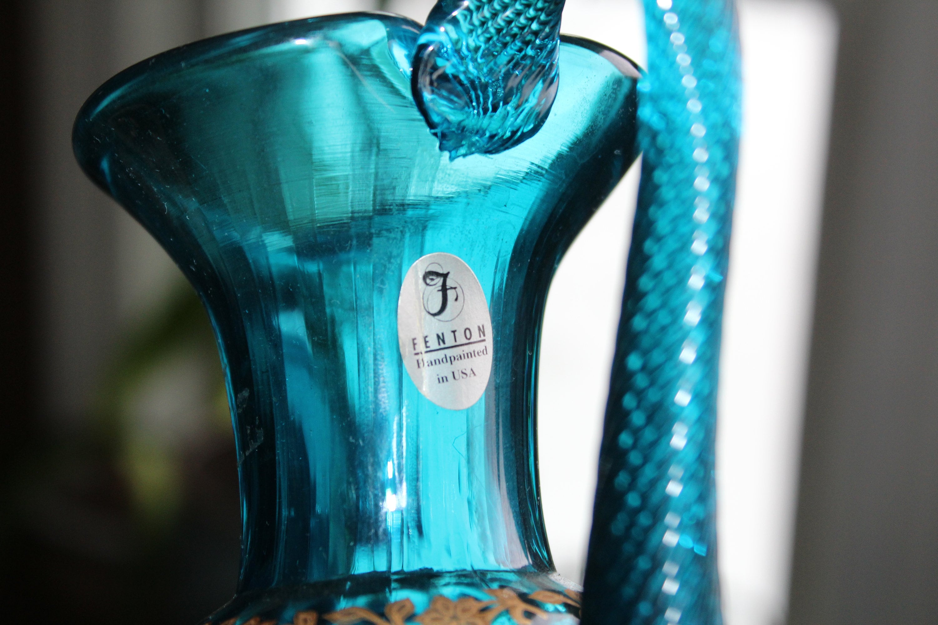 Vintage Fenton Blue Glass Pitcher Ewer Hand Painted XXI