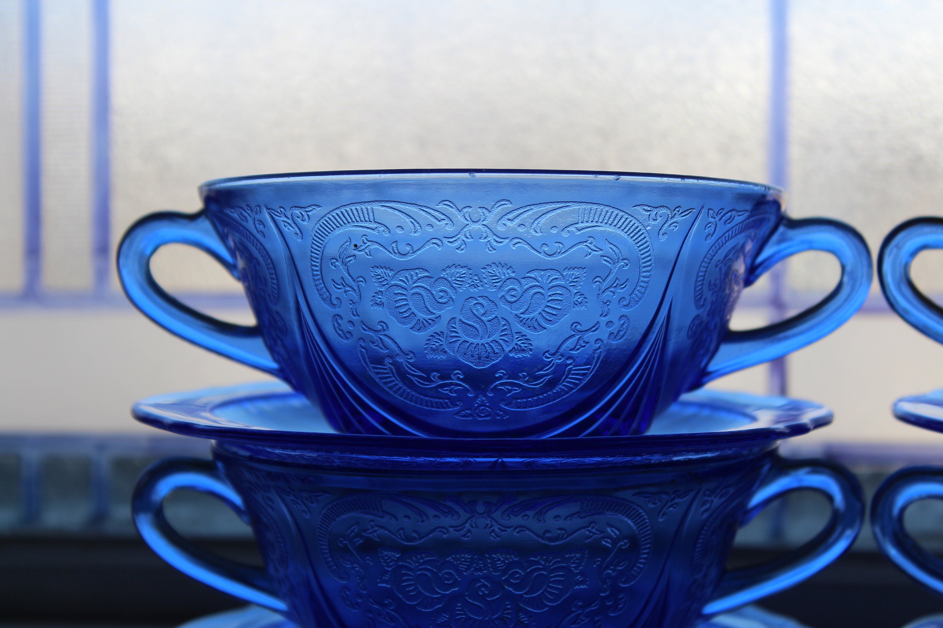 Download 4 Cobalt Blue Depression Glass Cream Soup Bowls & Saucers ...