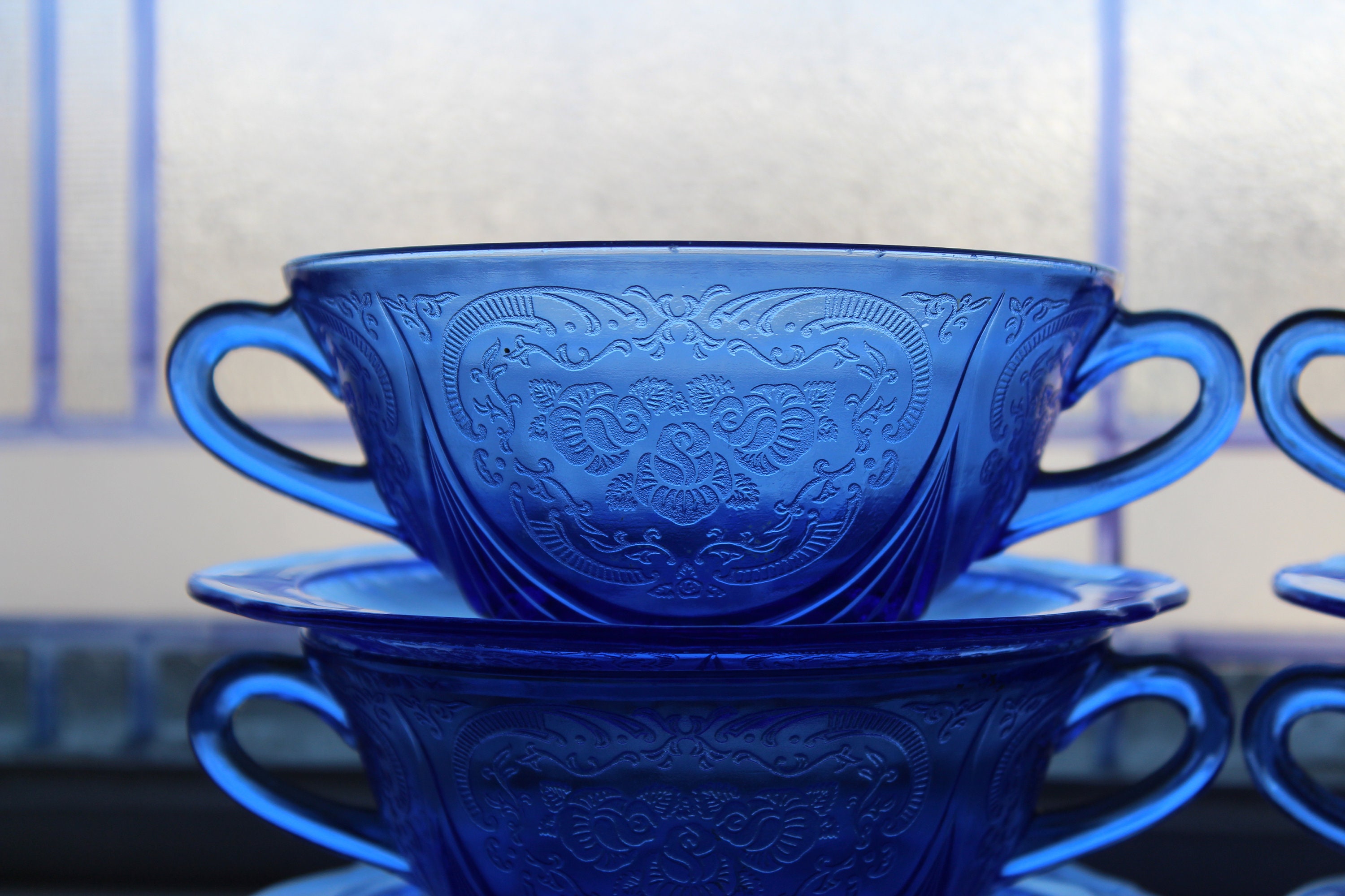 Download 4 Cobalt Blue Depression Glass Cream Soup Bowls & Saucers Royal Lace