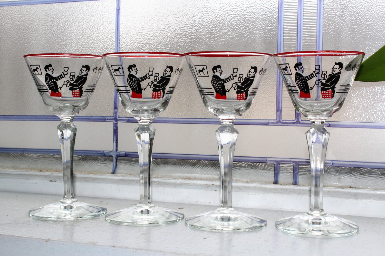 4 Vintage Stemmed Cocktail Glasses Mid Century Gay 90s Theme Martini