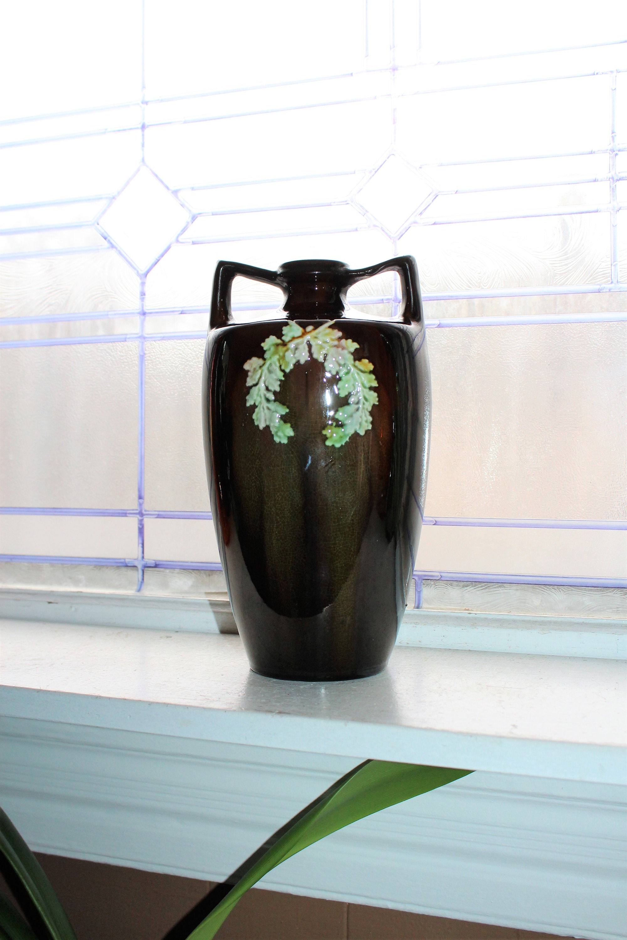 Large Peters and Reed Pottery Vase Sprigware on Brown Antique 1910s