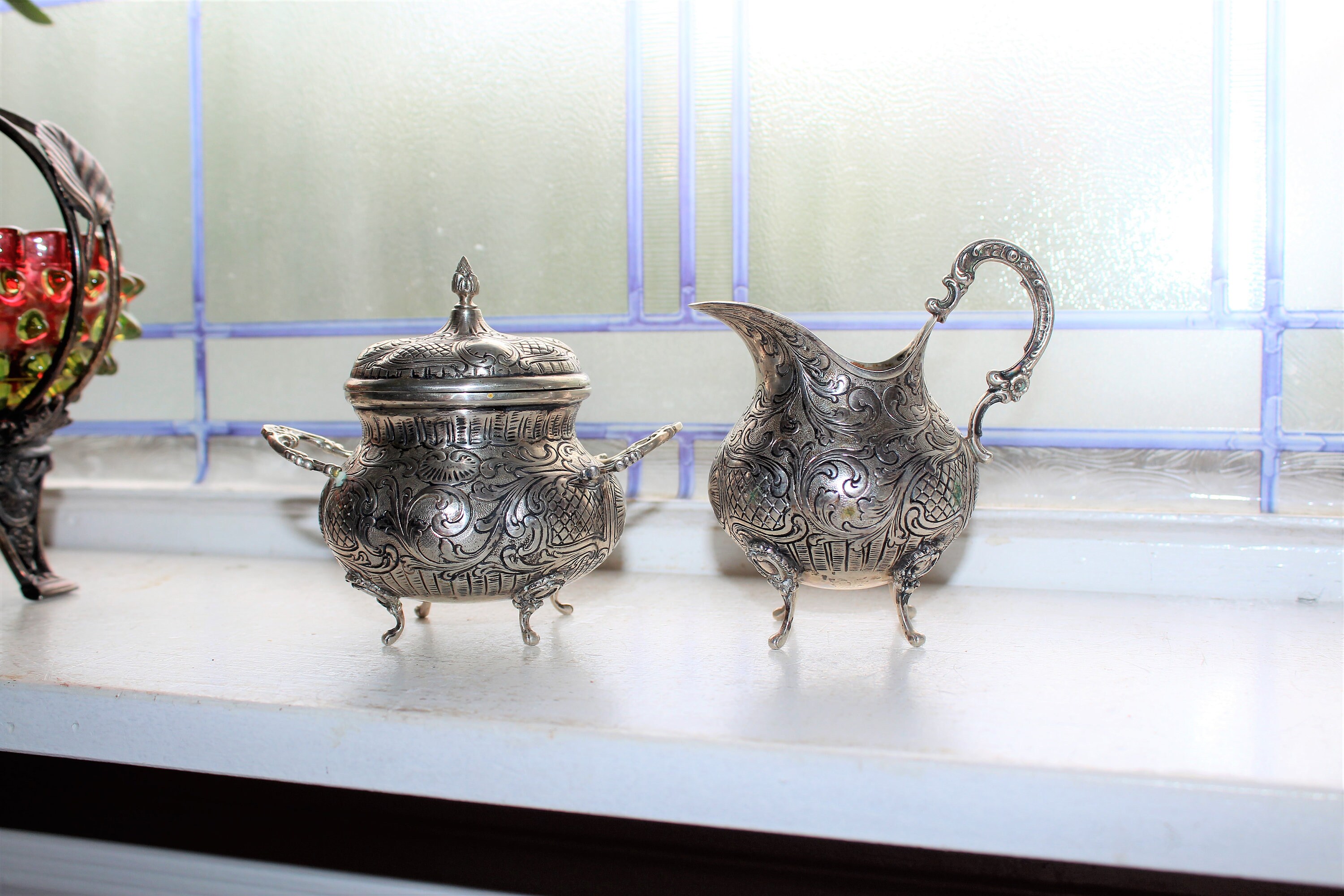 Antique German Silver Footed Sugar and Creamer Victorian Tableware