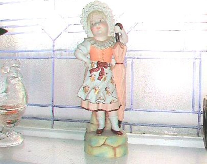 Large Antique Bisque Figurine Sassy Victorian Girl with Umbrella