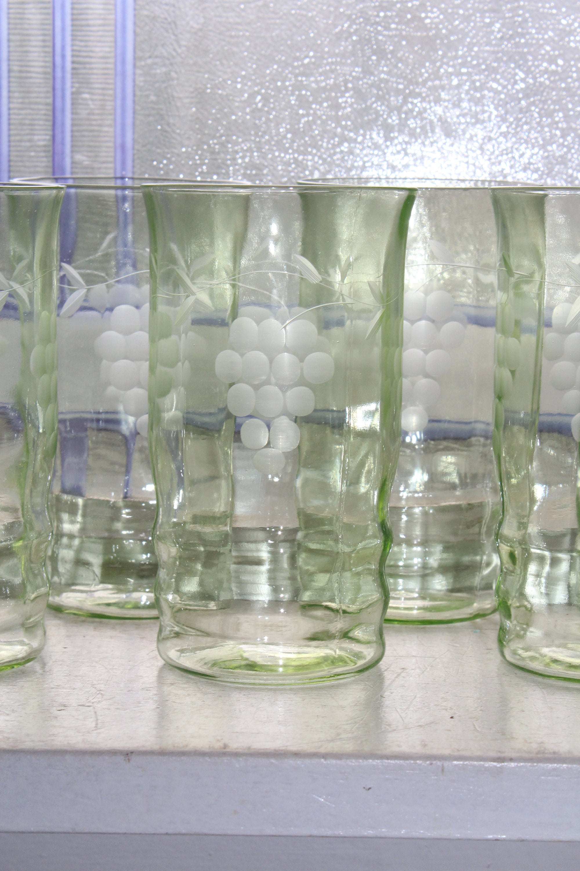 7 Green Depression Glass Tumblers Vintage 1930s Etched Grape Pattern