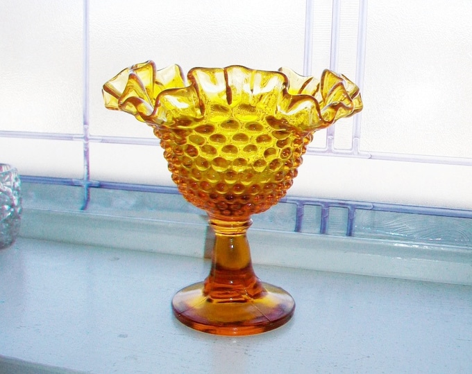 Vintage Fenton Amber Glass Hobnail Pedestal Dish Compote with Ruffled Edge 1960s