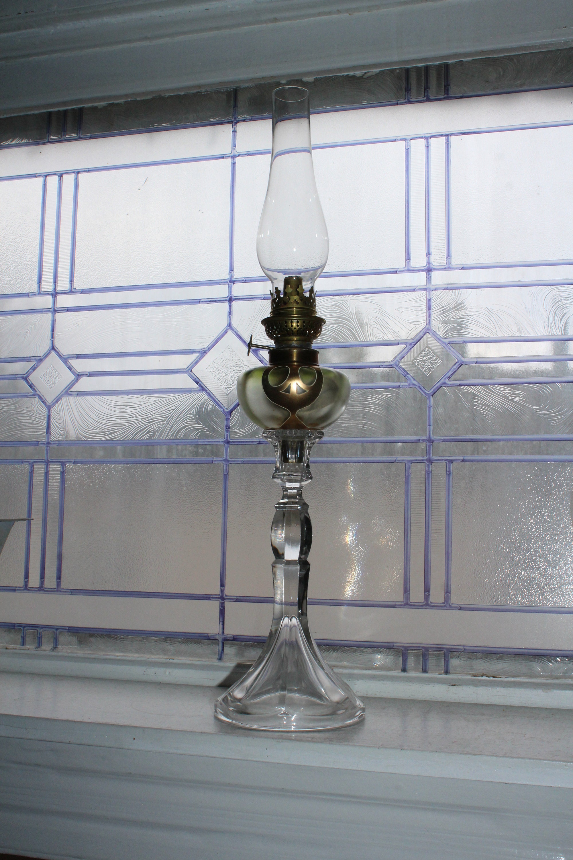 Antique Loetz Glass Oil Lamp Olympia Green with Gold Overlay