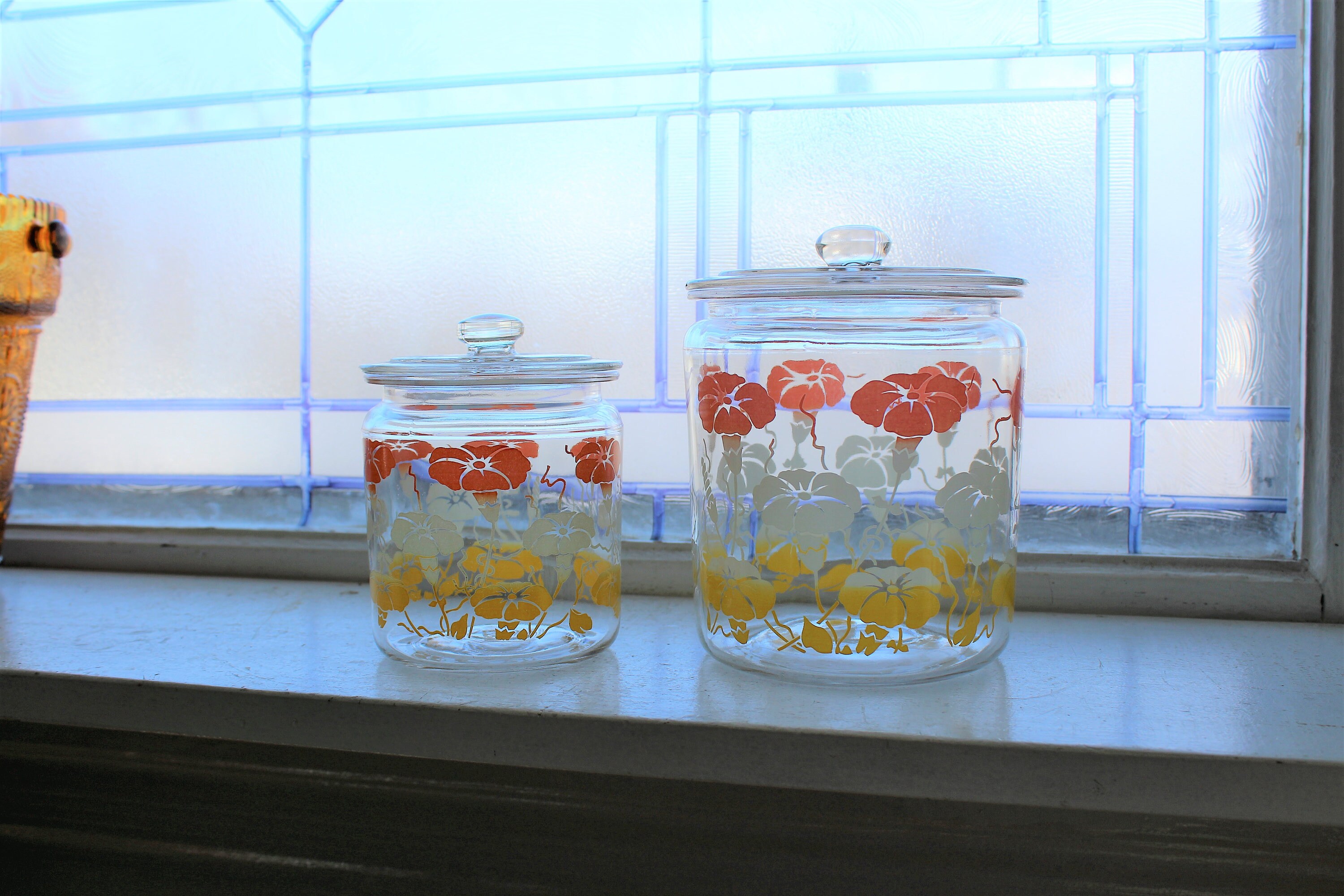 2 1950s Glass Jars Morning Glory Orange White And Yellow
