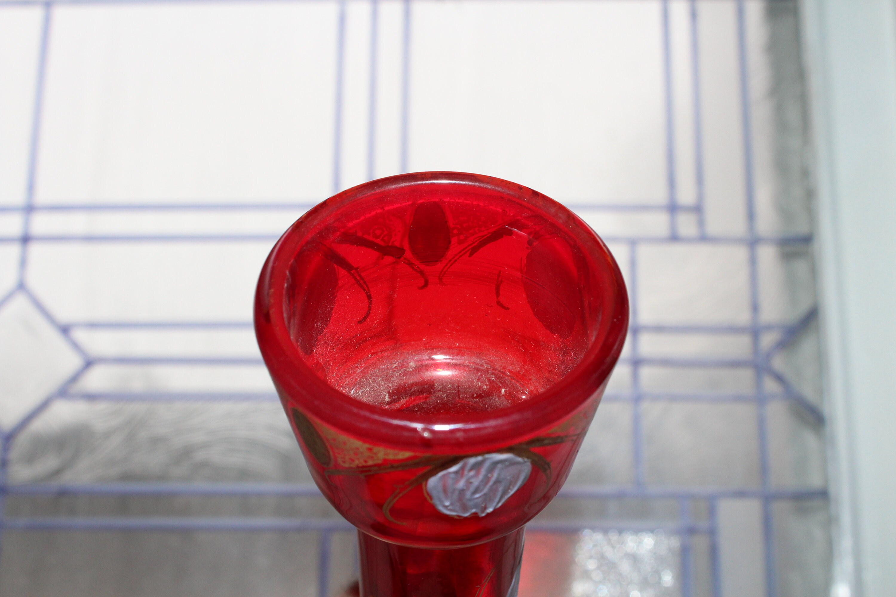 Large Antique Victorian Red Glass Vase Hand Painted White Flowers 15