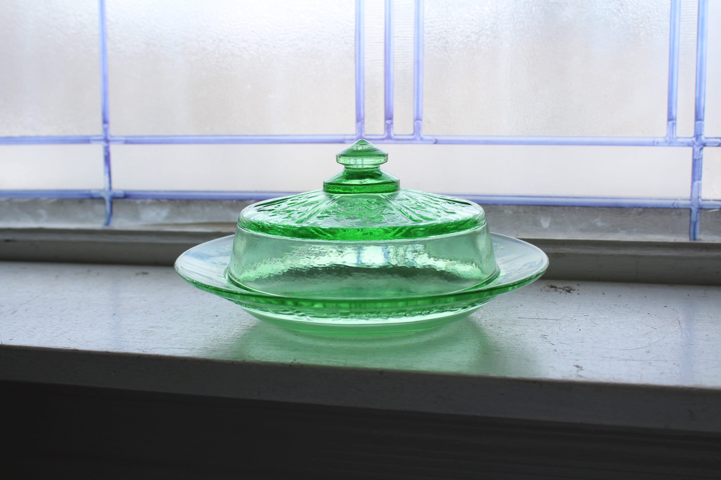 Green Depression Glass Round Butter Dish Sharon Cabbage Rose