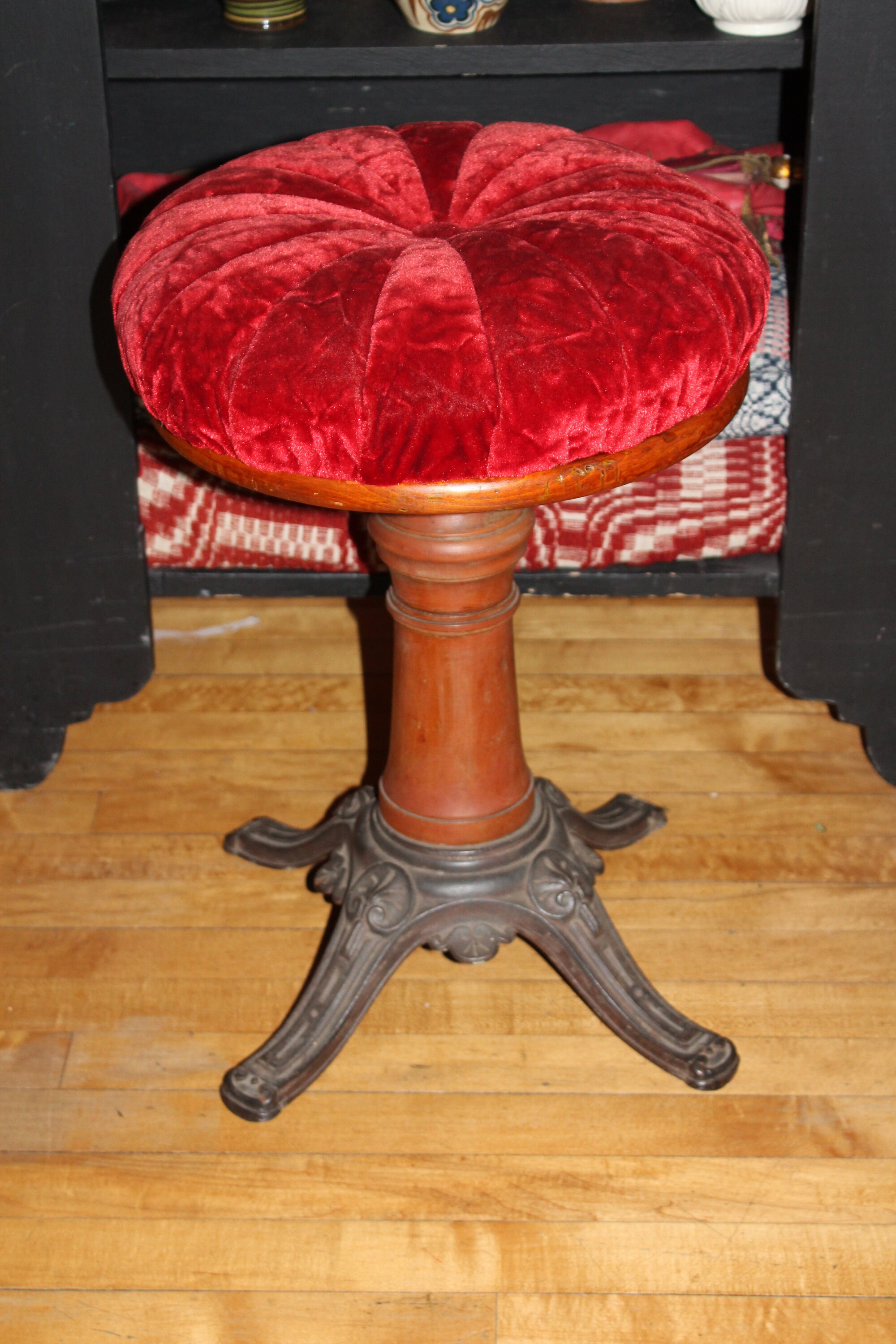 Antique Organ Stool Briggs Piano Stool Red Tufted Velvet Seat 1800s