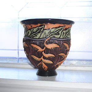Deb LeAir Studio Art Pottery Jardiniere Artist Signed Black Orange Green 2002