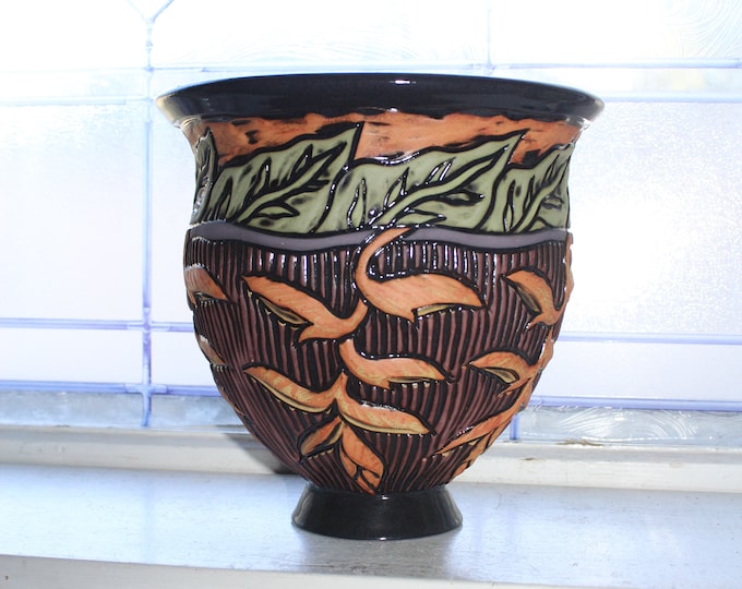 Studio Art Pottery Jardiniere Artist Signed Black Orange Green 2002