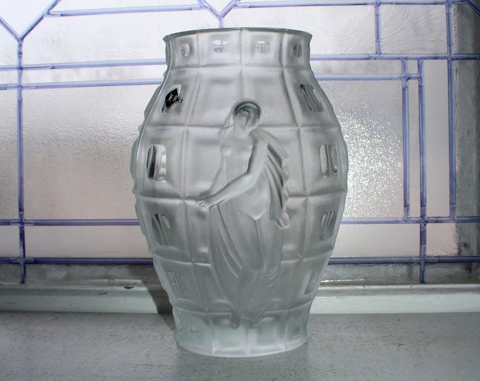 Large Desna Crystal Vase Nude Women Frosted Blocks Czech Bohemia Glass