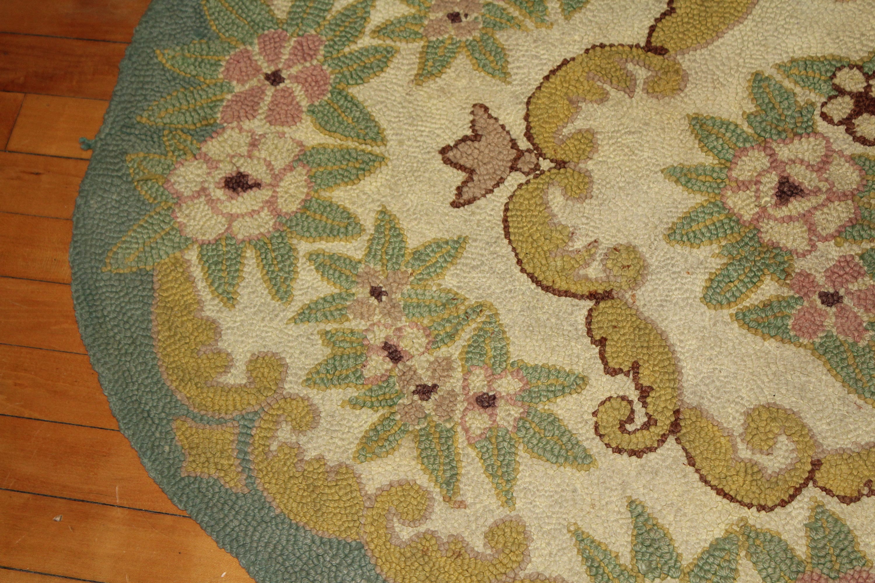 Large Hooked Rug Vintage 1940s 57 x 35 Inches Green & Yellow Floral