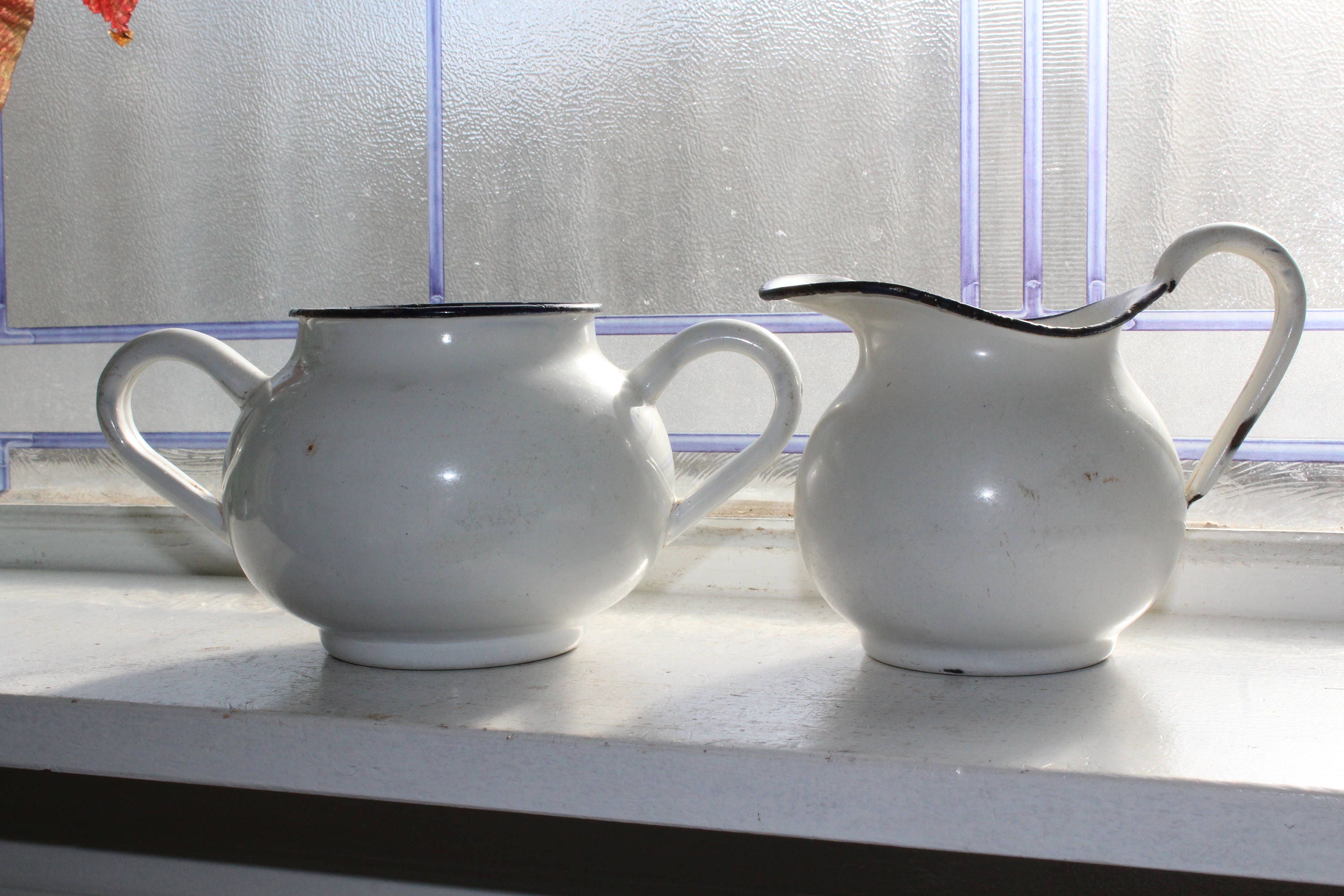 Vintage Enamelware Sugar and Creamer White Black Trim Rustic Farmhouse