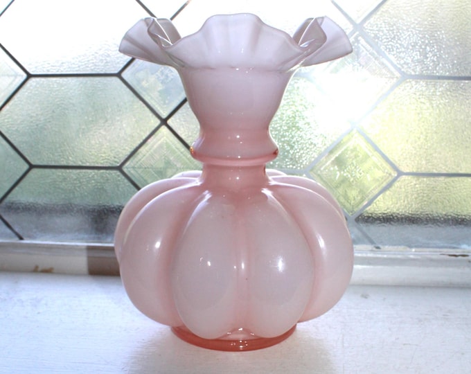 Vintage Fenton Pink Rose Overlay Melon Vase w/ Ruffled Rim