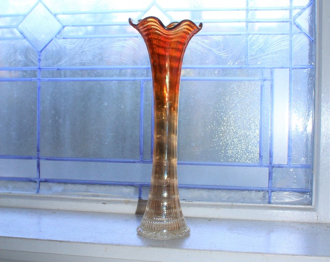 Tall Carnival Glass Vase Marigold Imperial Ripple Antique 1910s