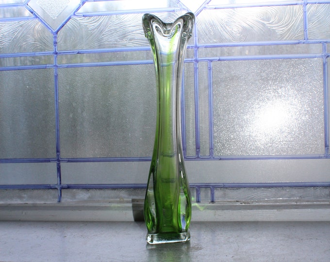 Green Swung Glass Vase 10.5" Vintage Mid Century Modern