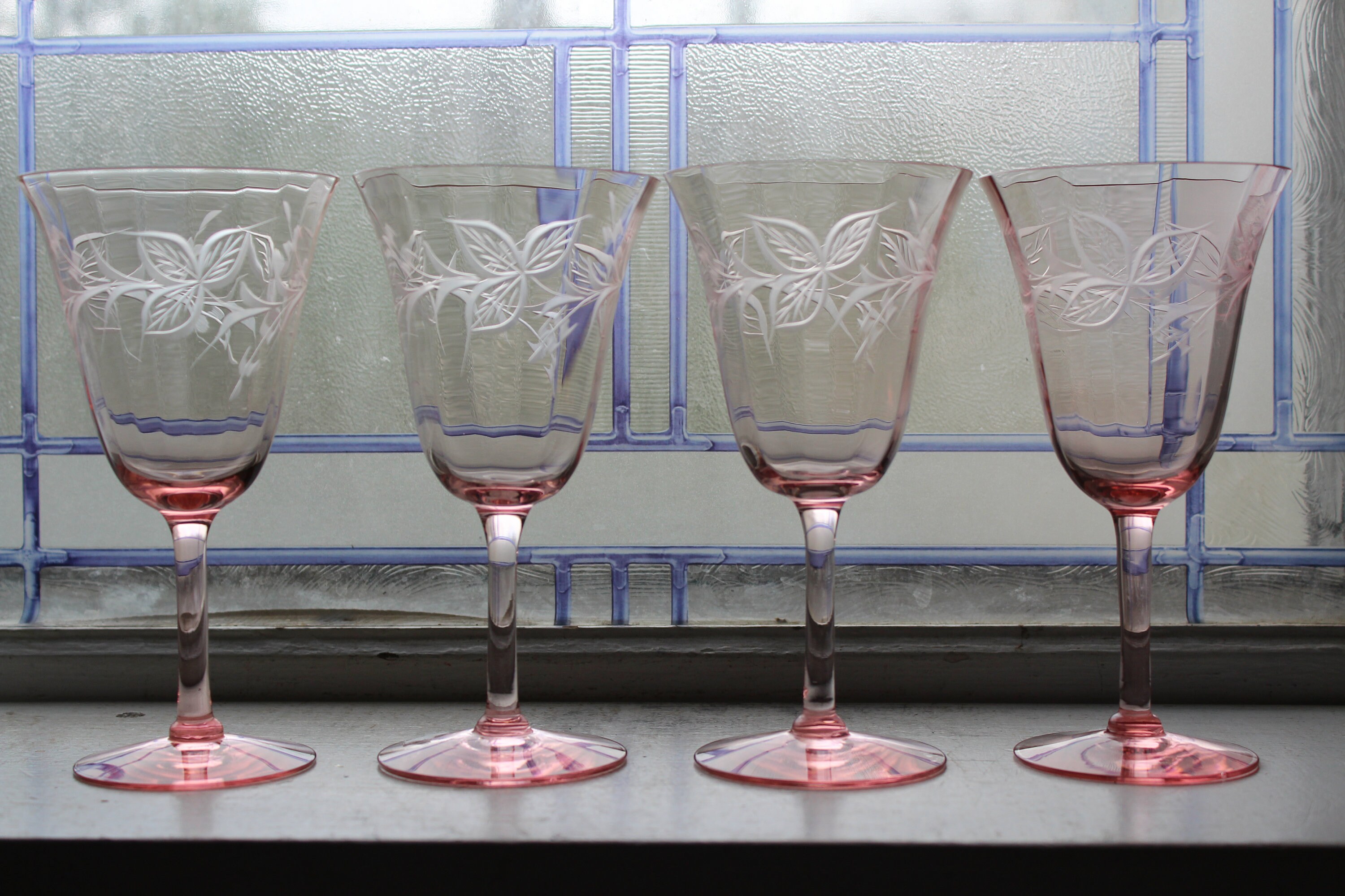 4 Pink Depression Etched Glass Wine Goblets 1930s Art Deco