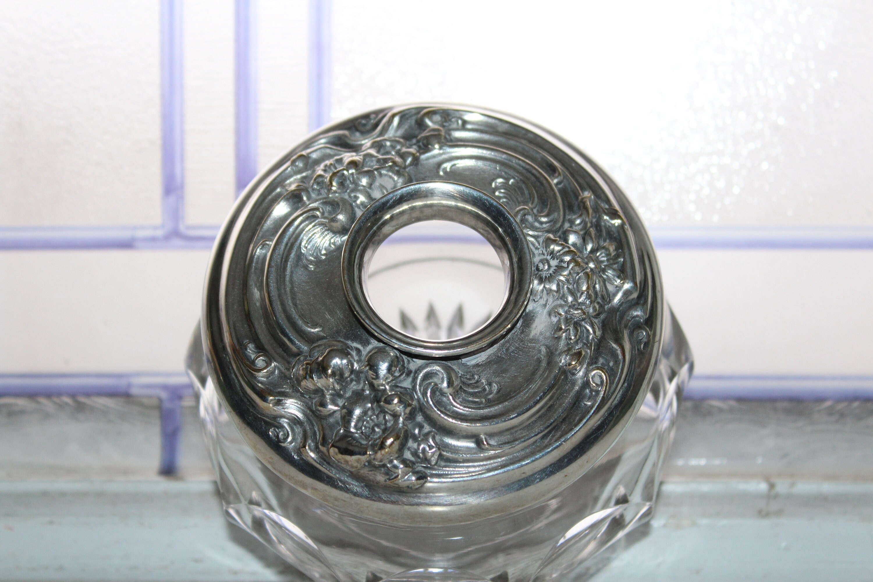 Antique Art Nouveau Cut Glass Hair Receiver with Silverplate Lid