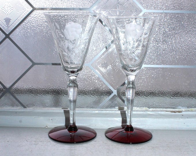 2 Vintage Art Deco Clear Wheel Cut Wine or Cocktail Glasses with Red Bases