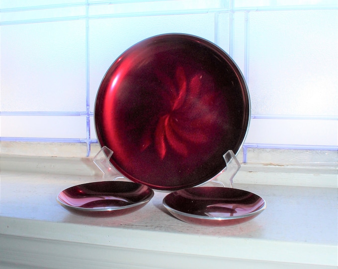 Mid Century Modern Norwegian Olden Design red Enameled Plates 3 Pc